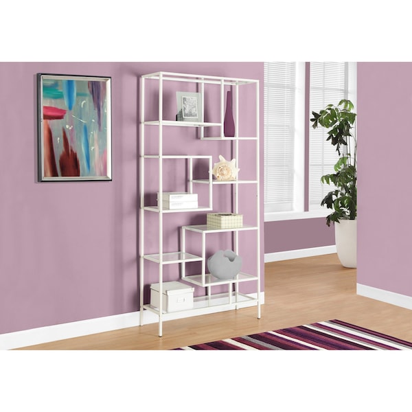 Monarch Specialties Bookshelf, Bookcase, Etagere, 72"H, Office, Bedroom, Metal, Tempered Glass, White, Clear I 7159 - main